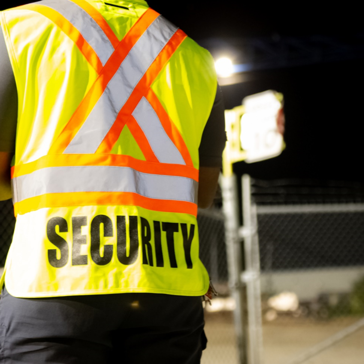 Security guard patrolling in fenced commercial area