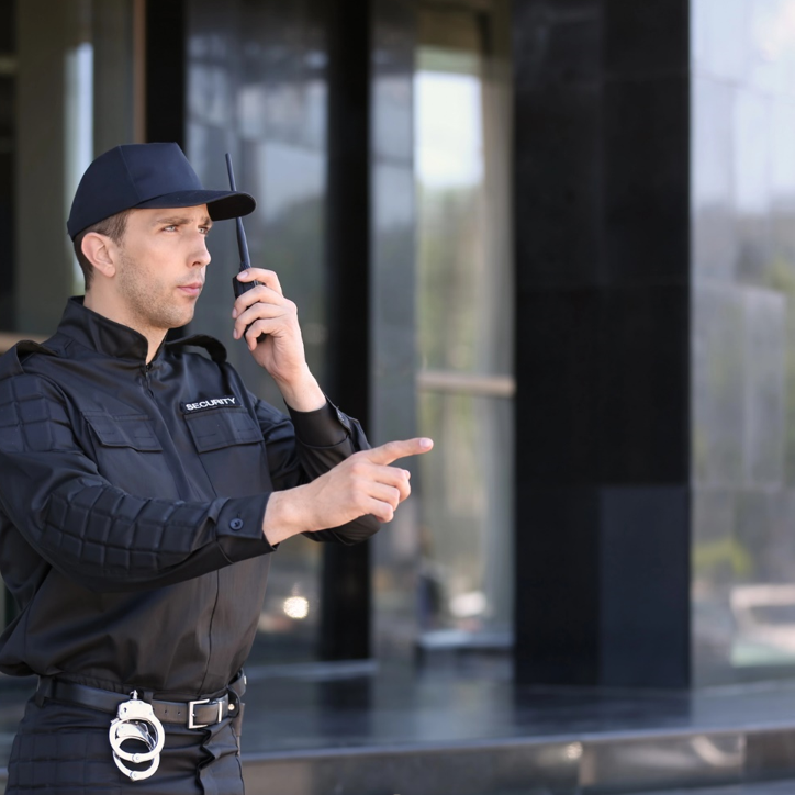 Male security guard using portable radio transmitter outdoors
